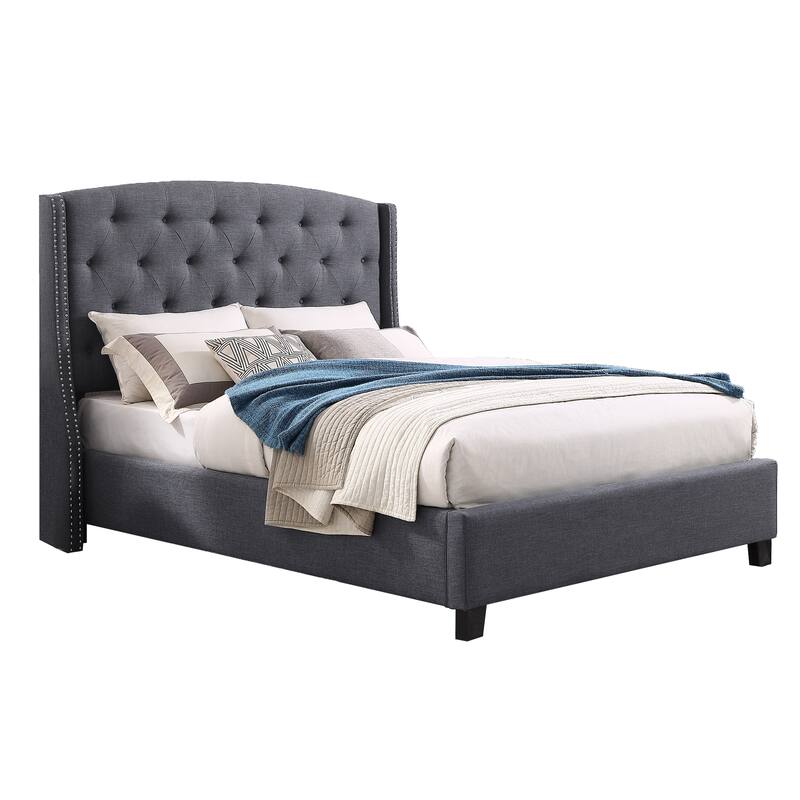 Gray Upholstered Polyester Platform Bed with Summit Fabric Button Tufted Wingback and Nail Head Trim