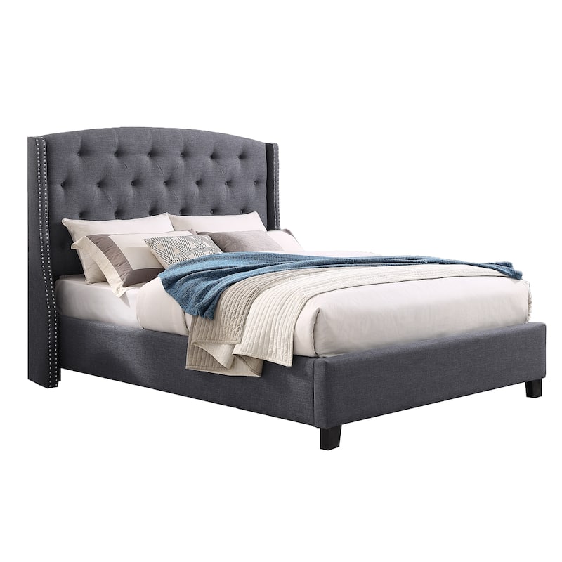 Roundhill Furniture Nantarre Tufted Wingback Upholstered Bed with Nailhead Trim,Gray