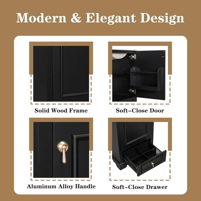 20" Bathroom Vanity with Ceramic Sink, Soft-Close Door, Drawer, Adjustable U-Shaped Shelf, Modern Freestanding Design