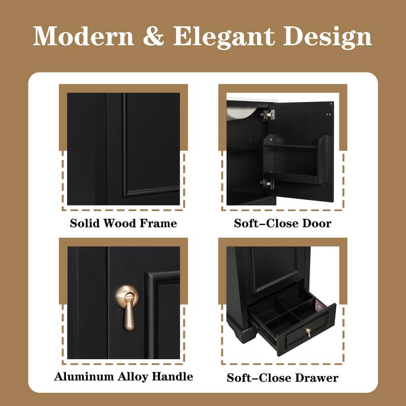 20" Bathroom Vanity with Ceramic Sink Bathroom Storage Cabinet with Adjustable U-Shaped and Drawer