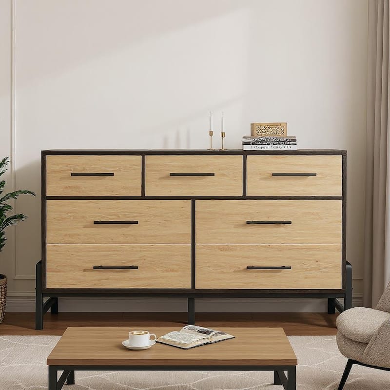 52" Dresser for Bedroom, 7 Dresser - Natural Oak+Black