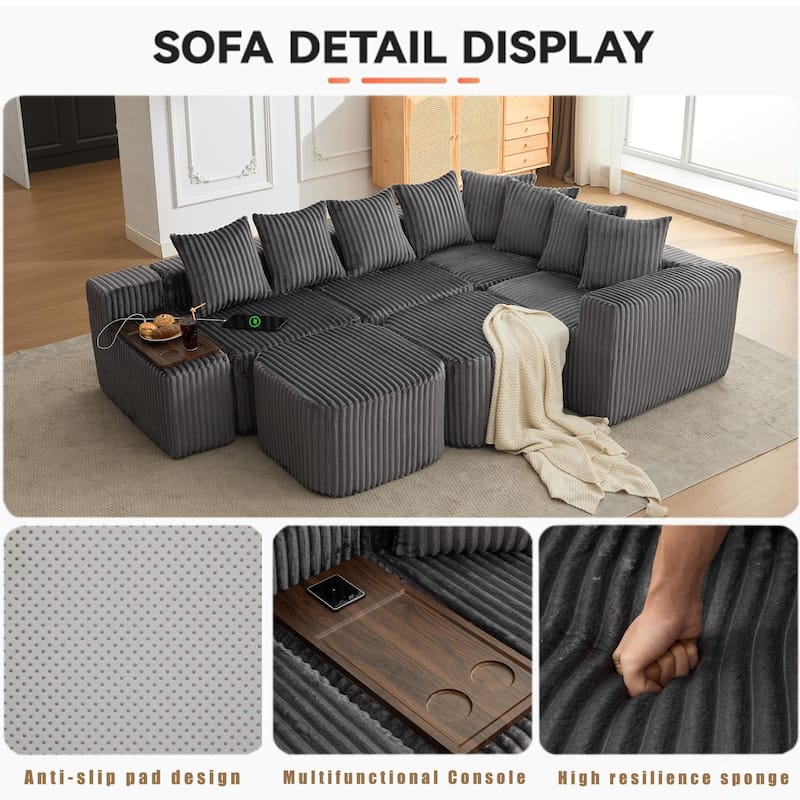 Boneless Modular Sofa with USB, Wireless Charging & Coffee Table Board