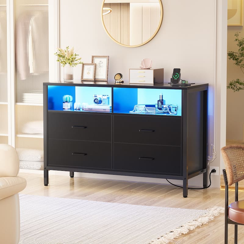 Chest of Drawers with LED Lights and Outlets,Wood Drawer Dresser for Clothes Storage