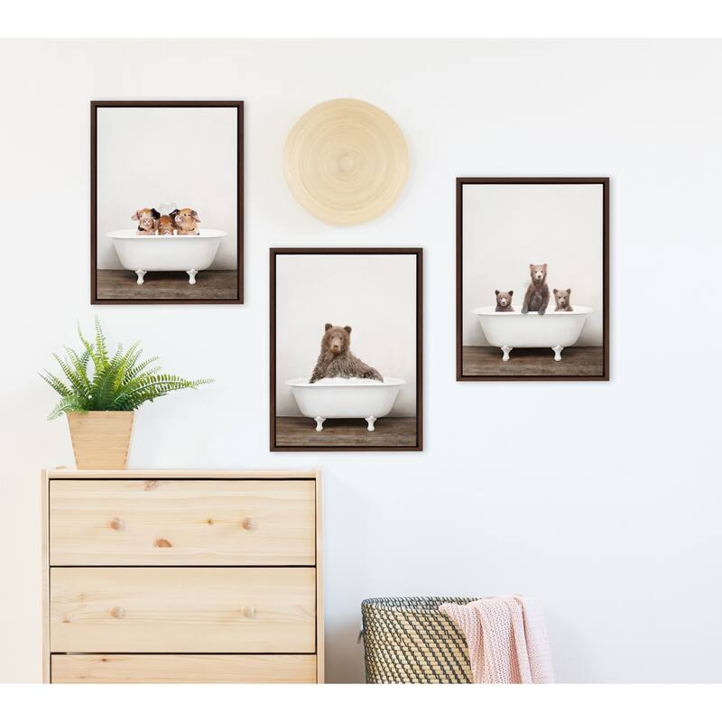 Kate and Laurel Bear Rustic Bubble Bath Framed Canvas by Amy Peterson
