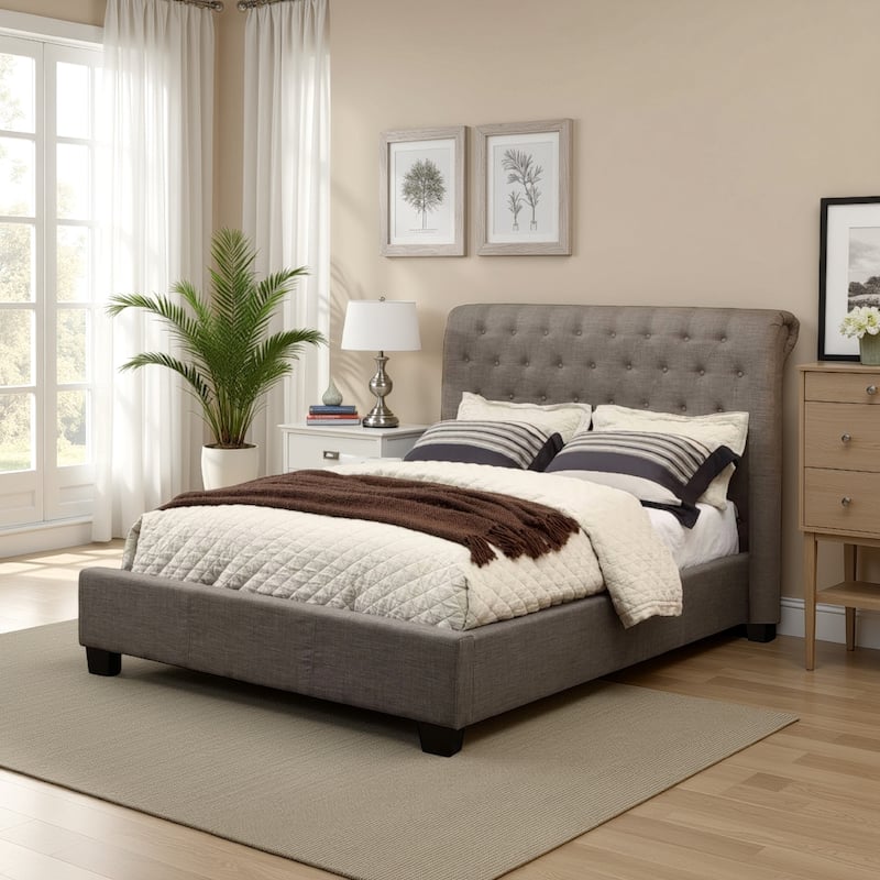 Rue Low Profile Storage Full Bed, Tufted Upholstered in Gray Linen