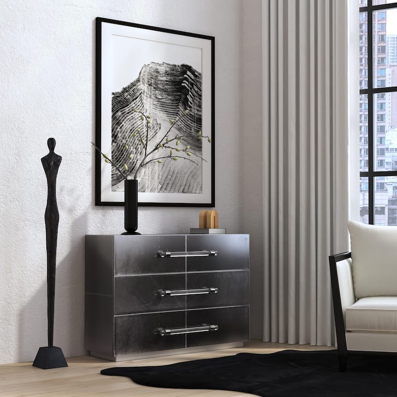 Allman 48 in. W Rectangular Wood and Leather 3 Drawer Accent Chest - Silver