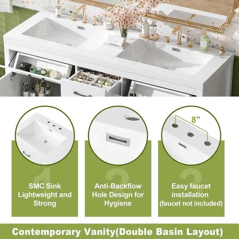 59.3"Bathroom Vanity with Solid Wood Frame, Double SMC Sink, Damping Hinges & Hidden Slides, 4 Doors, 3 Drawers, 2 Flip Drawers