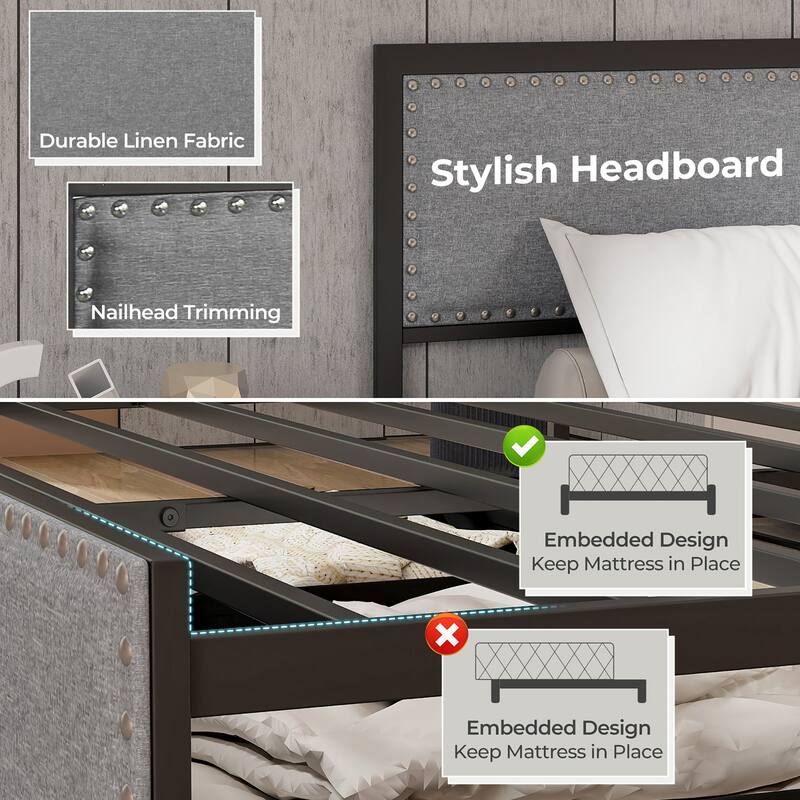 Gymax Queen Size Bed Frame w/ 2 Storage Drawers LED Lights Slats