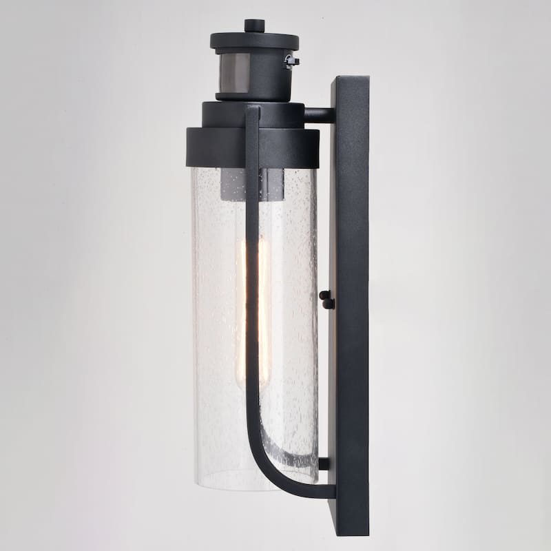 Lawton Steel LED Compatible Black Motion Sensor Dusk to Dawn Outdoor Wall Light Transitional Clear Glass