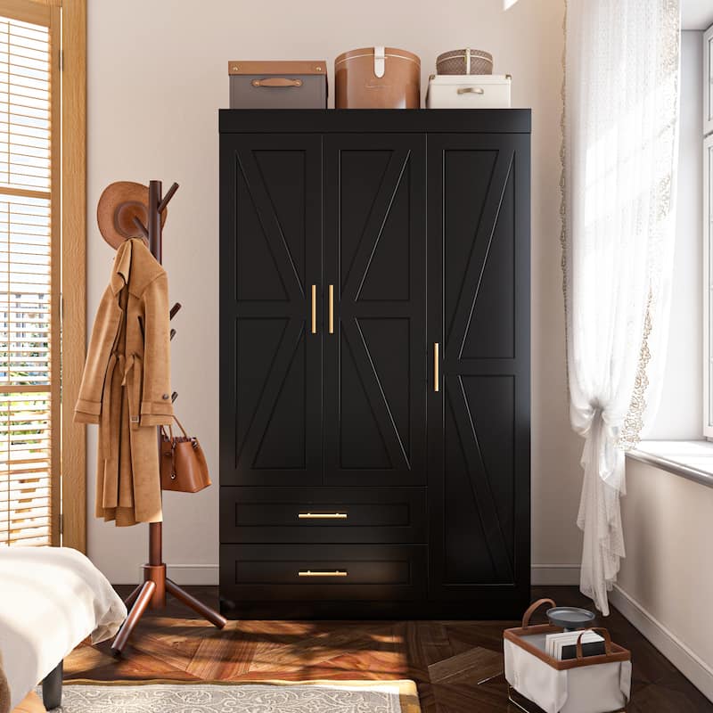 Classic Three-Door Wardrobe,Wood Bedroom Armoire with Hanging Rod and Shelves,Spacious Storage Closet,Modern Farmhouse Design