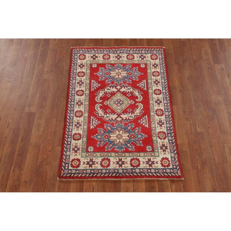 Geometric Red Kazak Foyer Rug Hand-Knotted Wool Carpet - 2'10" x 4'3"