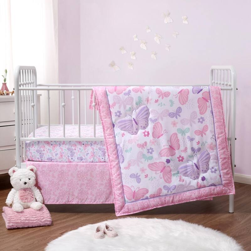 The Peanutshell Pink and Purple Butterfly Song Crib Bedding Set for Baby Girls, 3 Piece Nursery Set