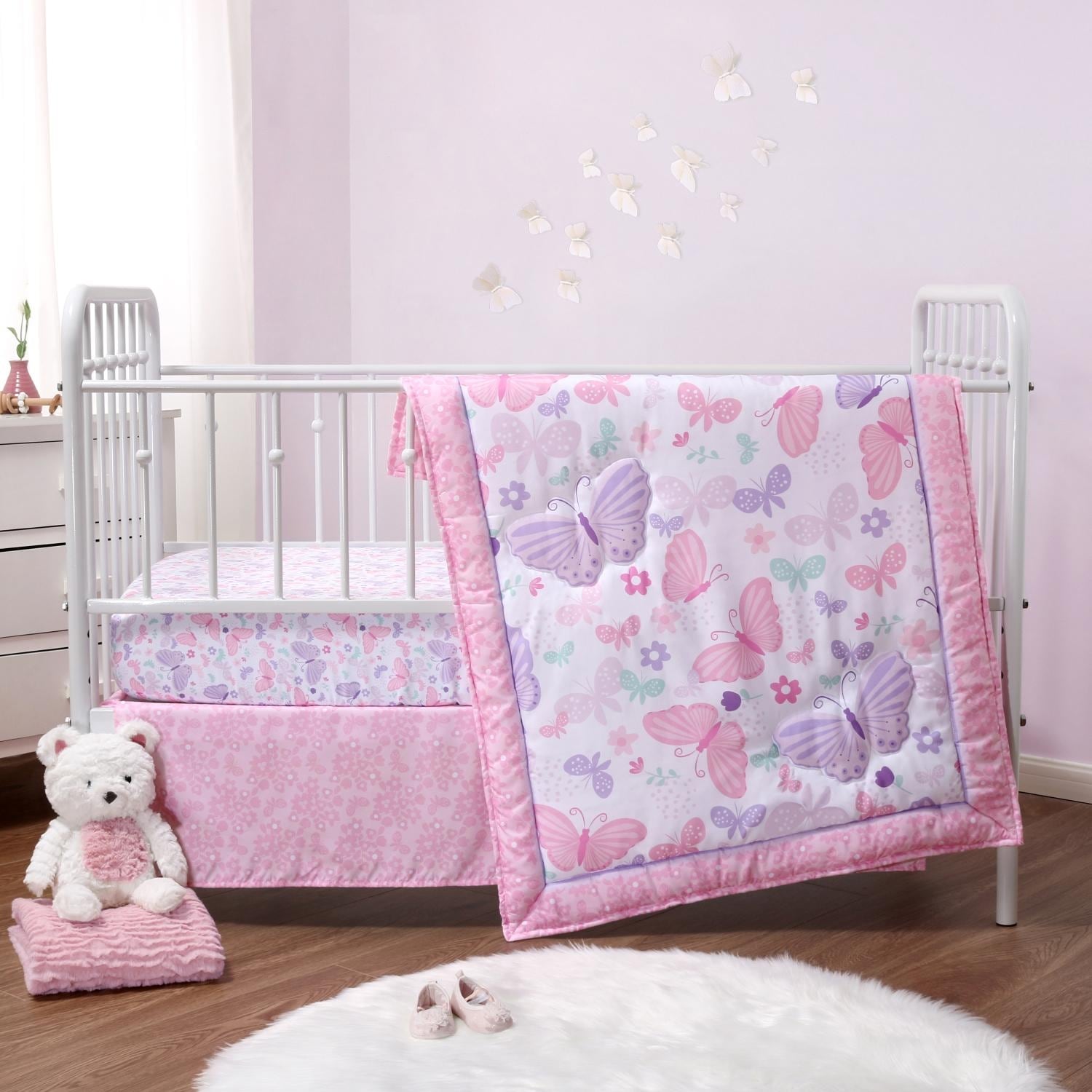 The Peanutshell Pink and Purple Butterfly Song Crib Bedding Set for Baby Girls, 3 Piece Nursery Set