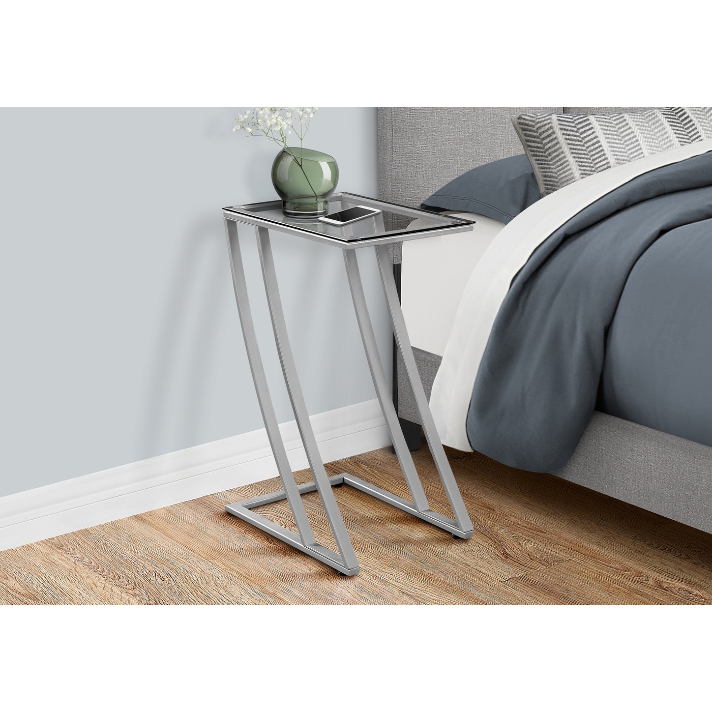 Monarch Accent Table Silver Metal Tempered Glass