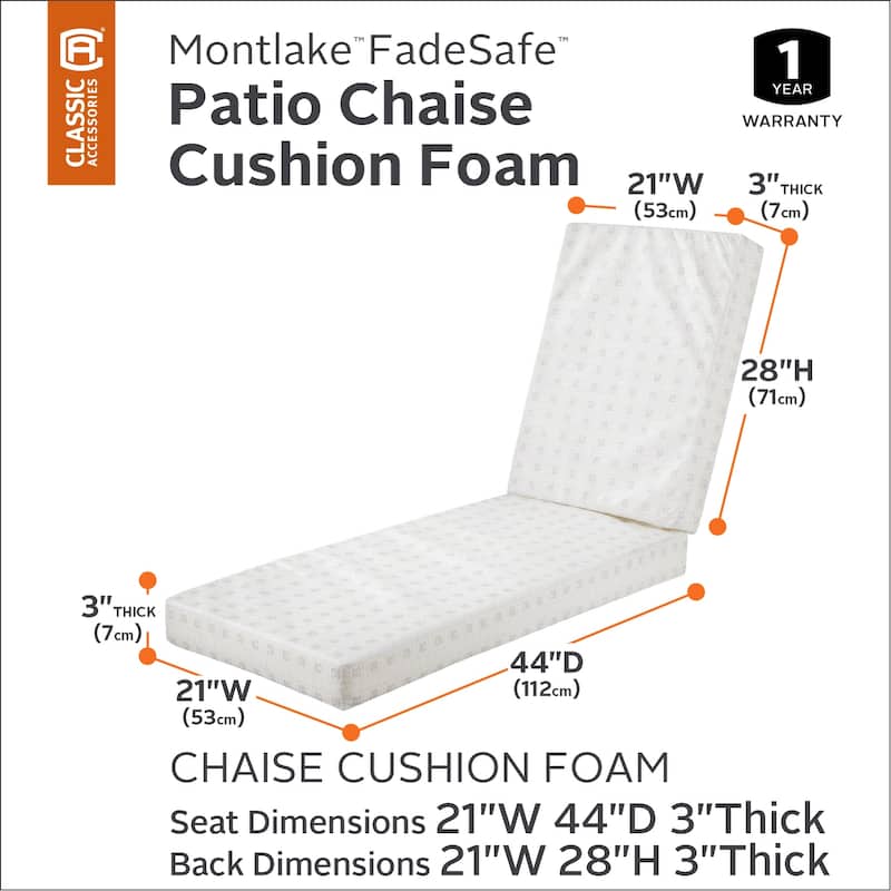 Classic Accessories Water-Resistant 72 x 21 x 3 Inch Patio Chaise Lounge Cushion Foam - 72"L x 21"W x 3"Thick