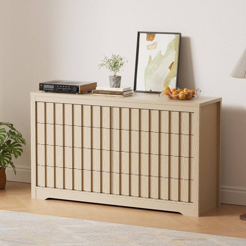 8 Drawers Fluted Modern Dresser, Versatile Chest of Drawers for Bedroom - Almond
