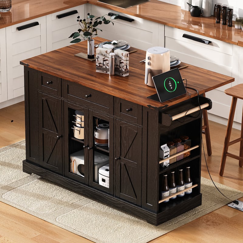 53'' Kitchen Island with Two Tempered Glass Cabinet Doors, Rolling Kitchen Cart on Wheels with Drop Leaf, Power Outlet