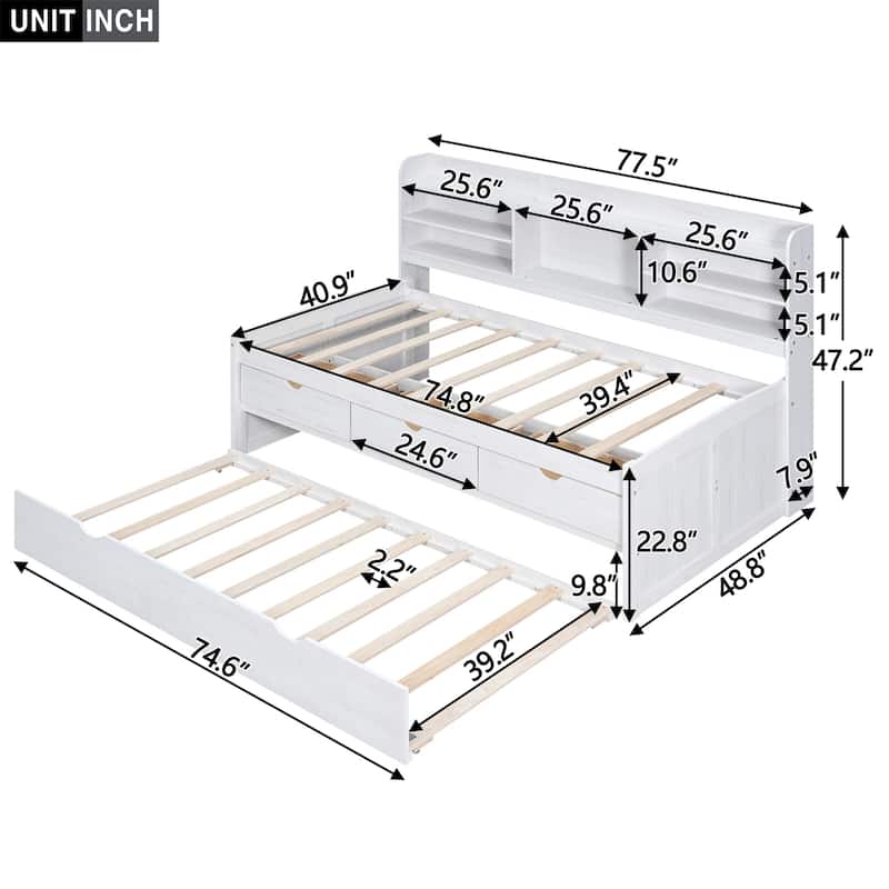 Twin Size Wooden Bed with Built-in Bookshelves,3 Drawers and Trundle