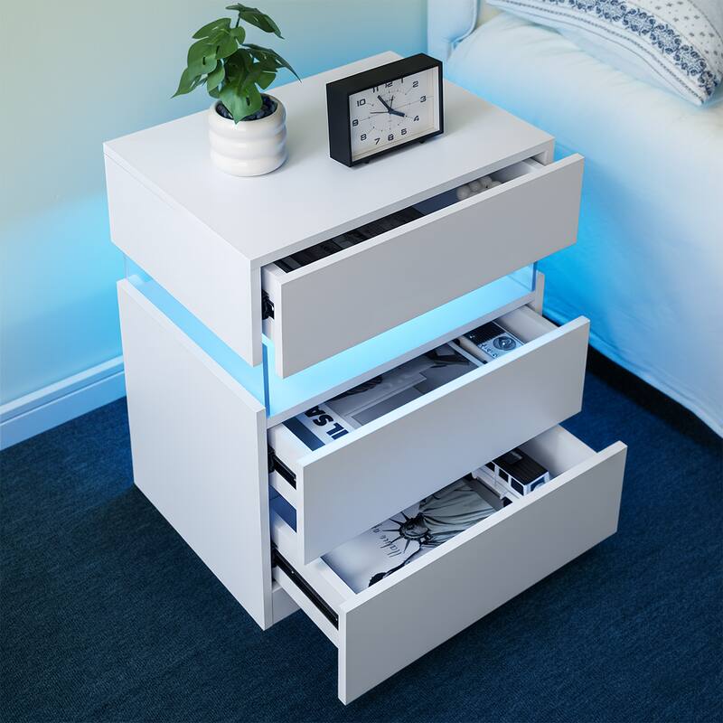 LED Nightstands 3 Drawer Dresser for Bedroom End Table with Acrylic Board LED Bedside Tables