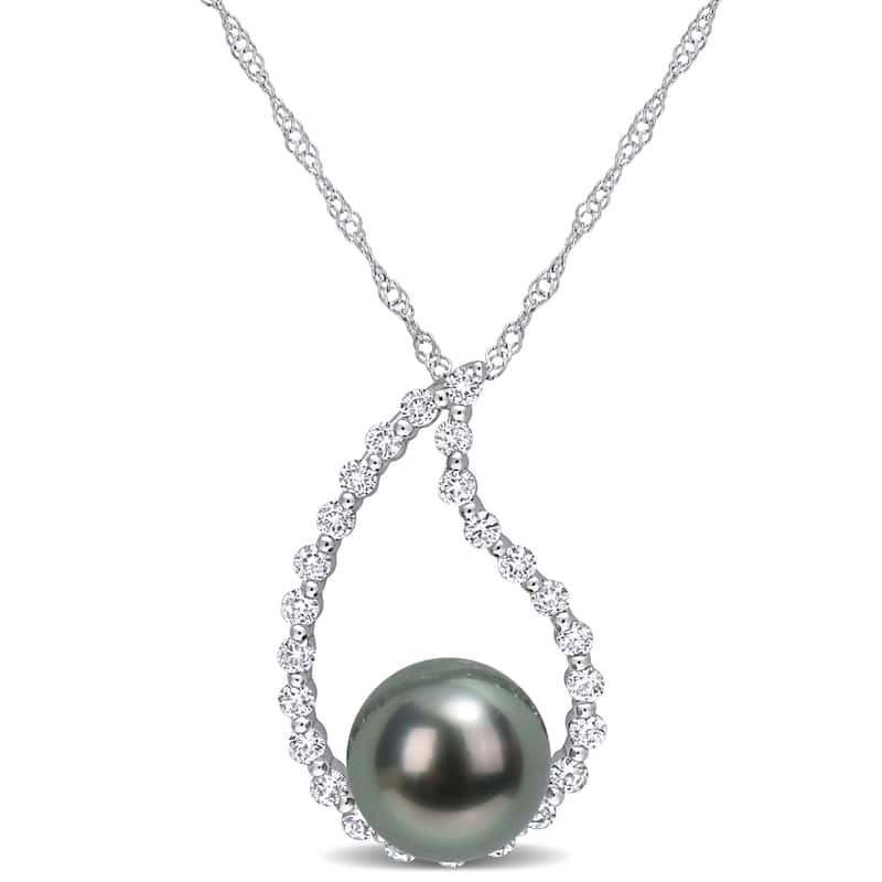 Miadora Tahitian Cultured Pearl & White Sapphire Open Teardrop Necklace in 10k White Gold (8-8.5mm)