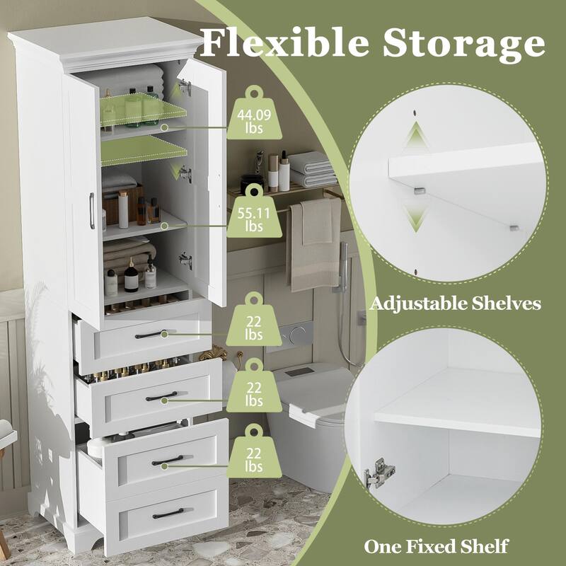 71.6" Free-Standing Bathroom Vanity with 2 Damping-Hinge Doors, 3 Drawers (Including 1 Deep Drawer), and Adjustable Shelves