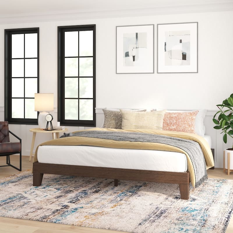 Wood Platform Bed with 14 Wooden Support Slats - Walnut - King