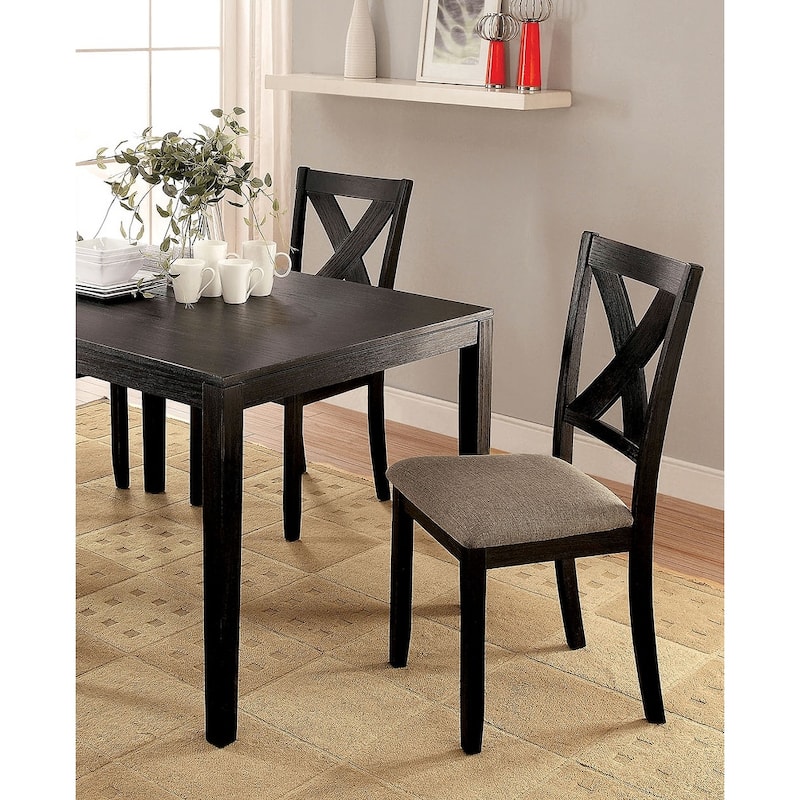 Brushed Solid wood 5pc Dining Set Table And 4x Chairs Fabric Cushions Seats X-Cross Back Design Chairs Dining Room - Black+Brown