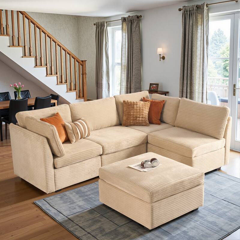 HOOOWOOO Modular Upholstery Fabric Sofa Couch with Ottoman - Beige