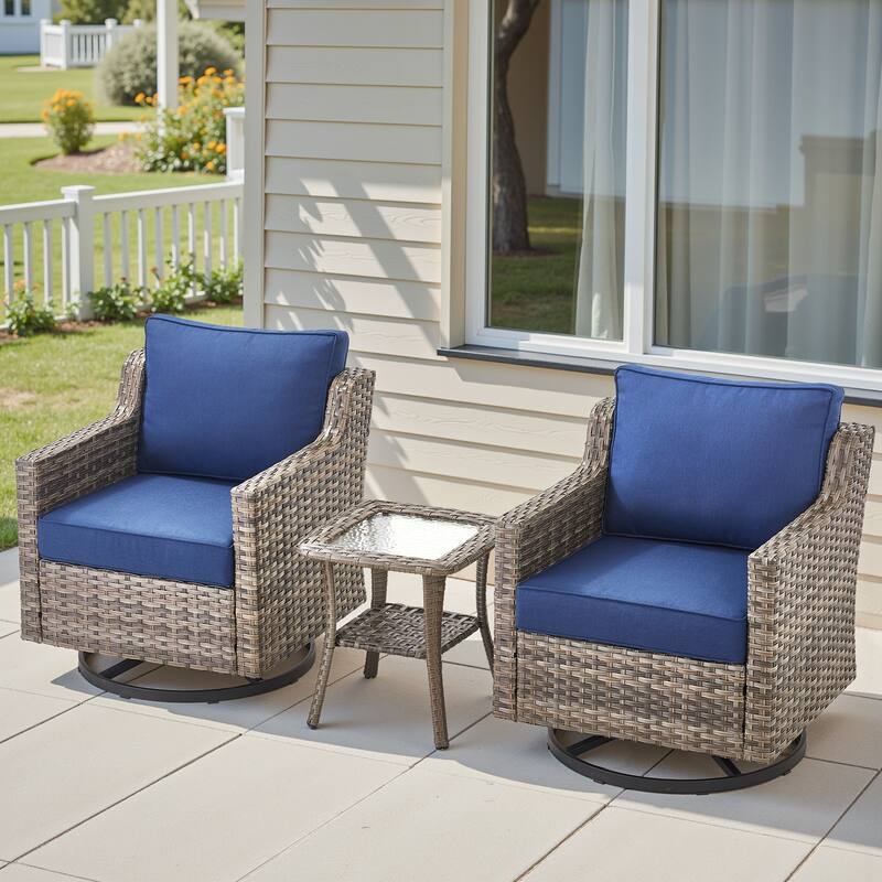 Pocassy Wicker Patio Glider Swivel Chair Ottoman Furniture Set. - Blue Cushion Gray Wicker - 3-Piece Swivel Chair Table Set