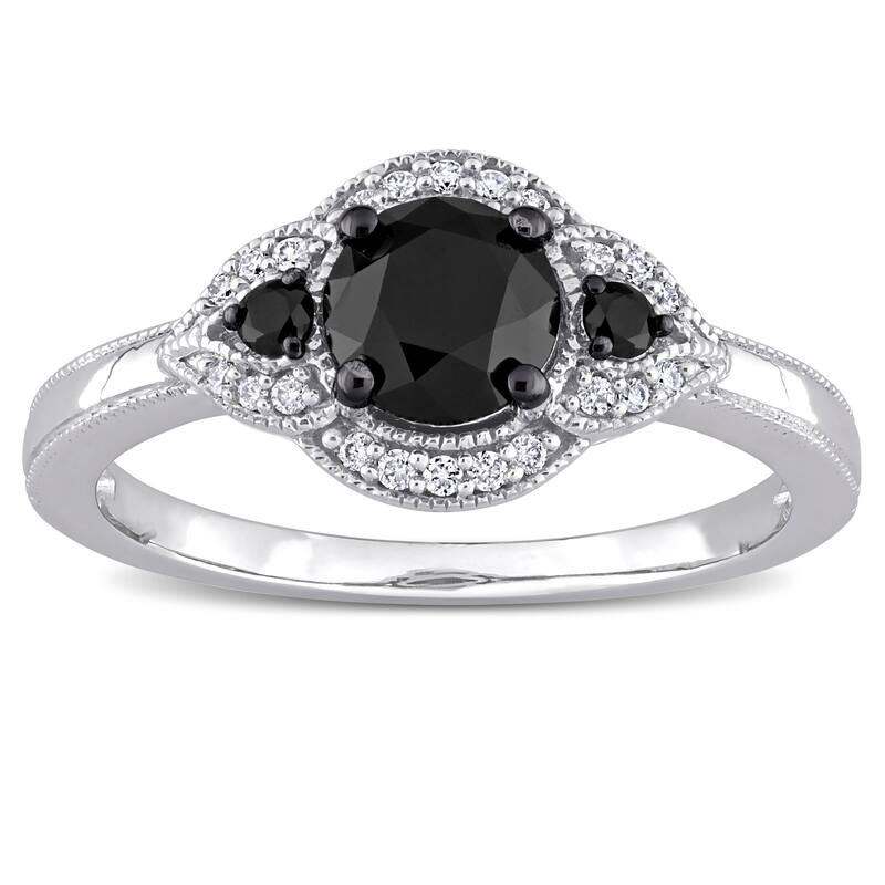 Miadora 1 1/6ct TDW Black & White Diamond 3-Stone Halo Engagement Ring in 14k White Gold