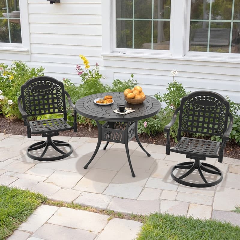 3-Piece Aluminum Round Outdoor Patio Dining Set, 2 Cushioned Swivel Chairs, Table, All-Weather Frames
