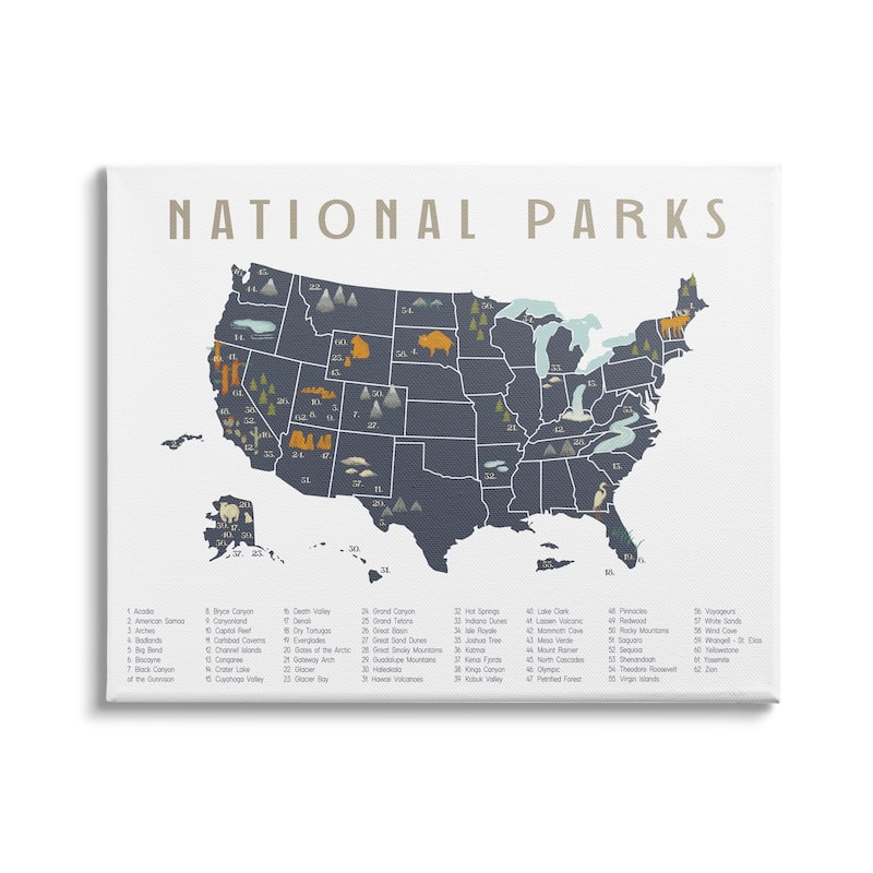 Stupell National Parks United States Adventure Map Blue White Canvas Wall Art - 48 x 36