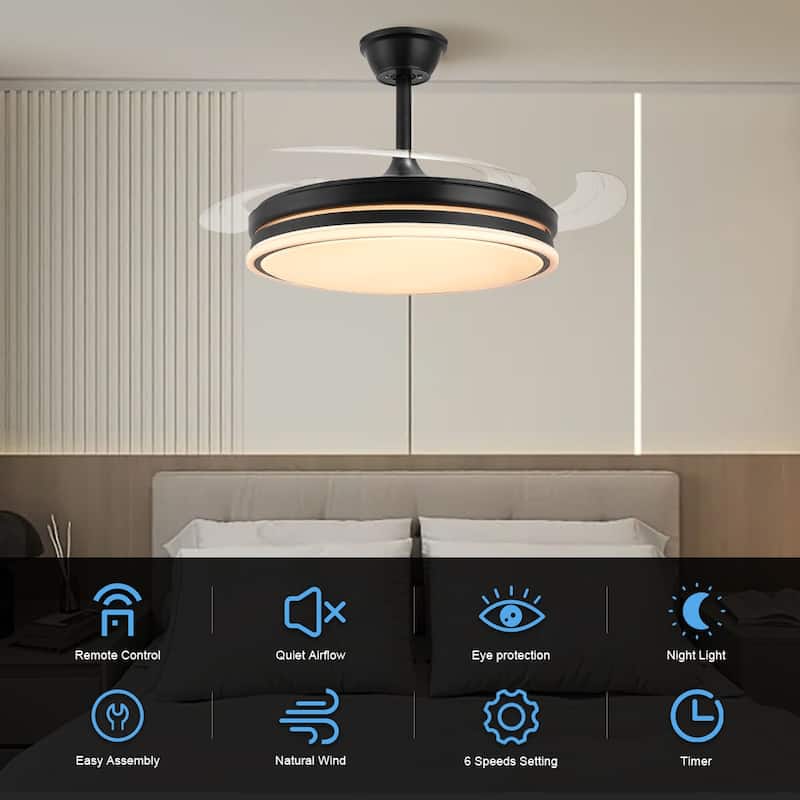 42" Crystal Ceiling Fan with Light & Remote, Retractable LED Blades, 3 Colors & 6 Speeds