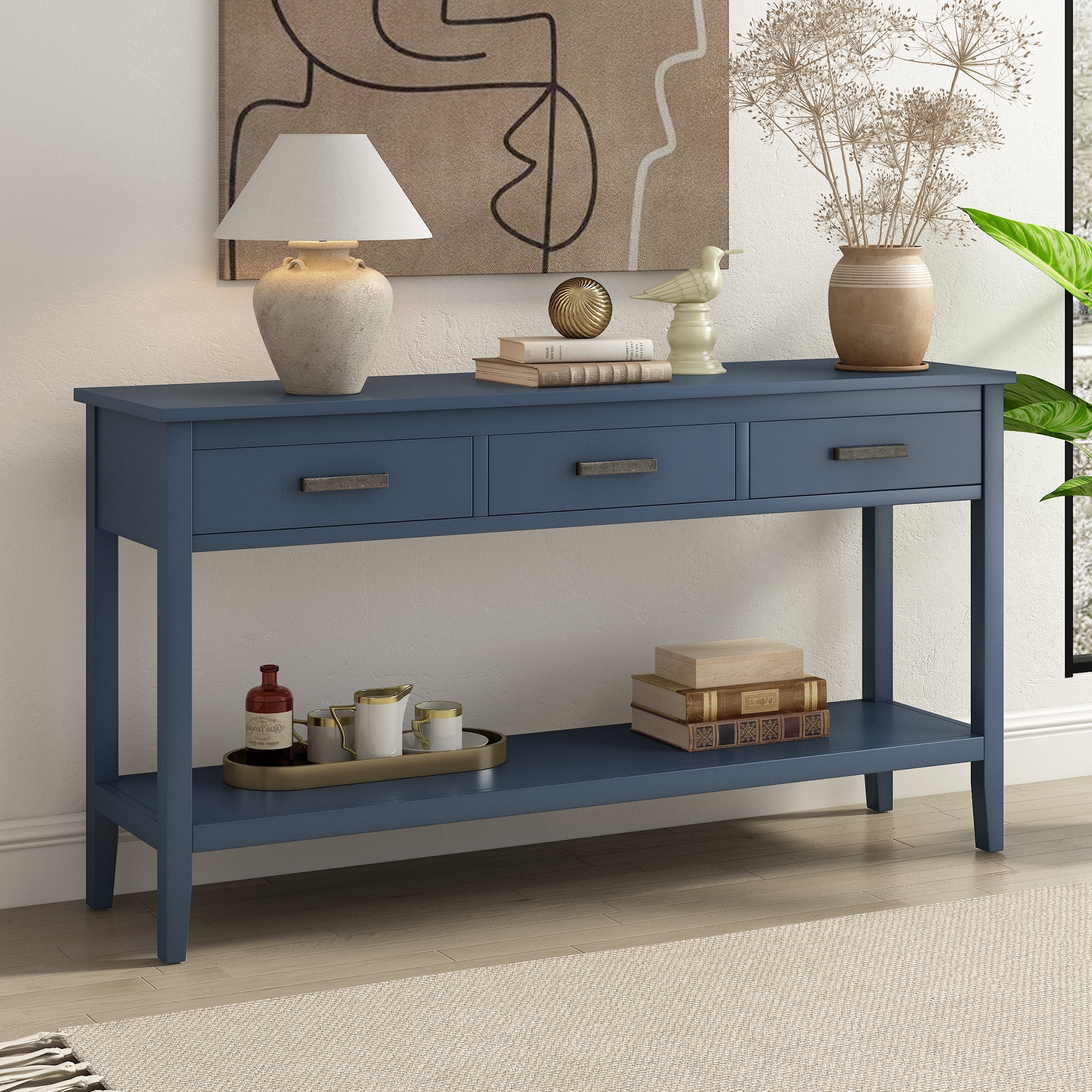 Navy blue console table with outlet storage