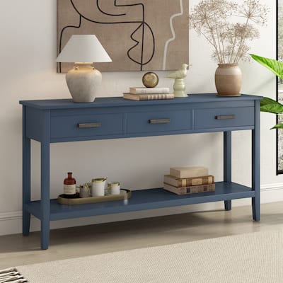 Modern Console Table Entrance Table with 3 Drawers and Open Storage Shelf Hallway Tables with Pine Top and Pine Leg
