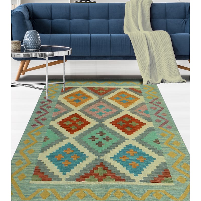 Sangat Flatweave Juliann Grey-Blue/Ivory Rug - 4'2" x 5'7"