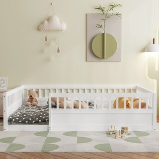 Full Size Toddler Floor Bed Fence Bed with Guardrails, White