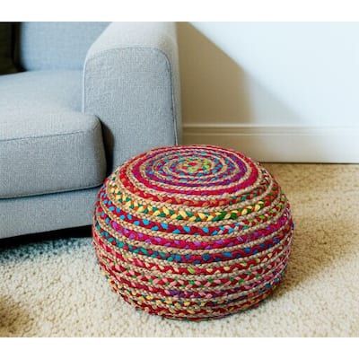 HomeRoots 20" Rainbow Cotton Blend Round Striped Pouf Ottoman