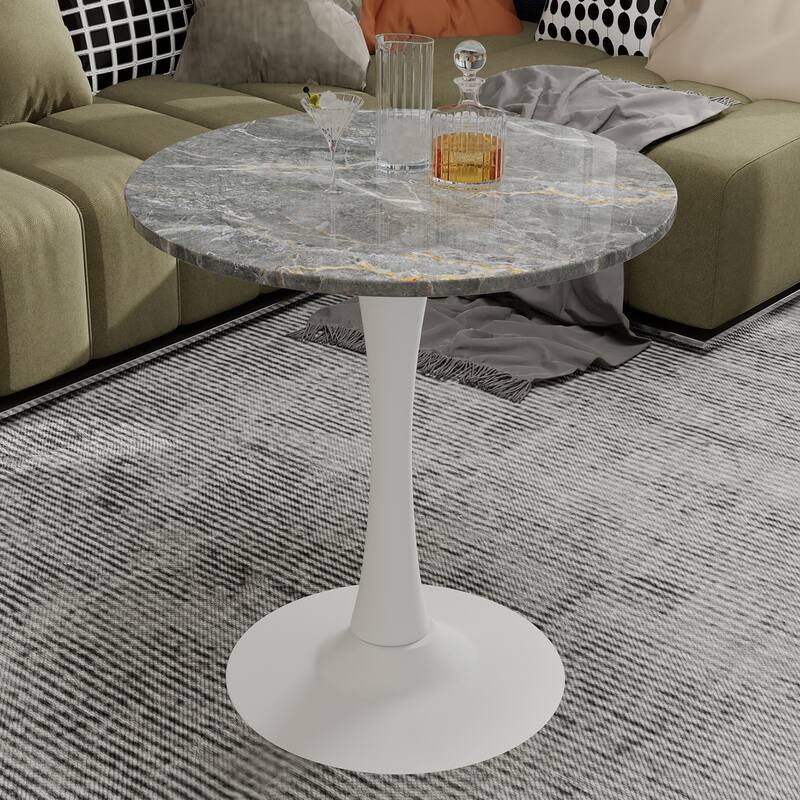 27.6" Mid-Century Modern Style Dining Table, Accommodates 2-4 People, Featuring A Round Dark Gray Textured Marble Tabletop - White+Dark Grey