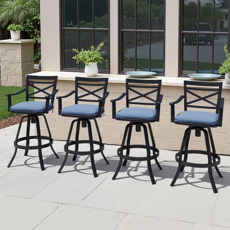 Outdoor Aluminum Swivel Bar Stools with Sunbrella Cushion - Spectrum Denim Cushion - 4PC