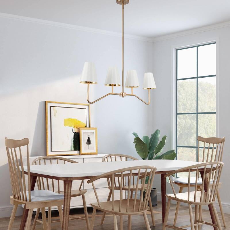 Modern 4-Light Gold White Chandelier Linear Island Light with Fabric Shade - W35.5"xD5.5"xH12.6"