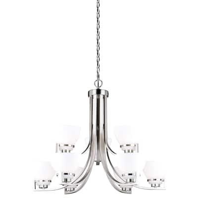 Metropolis 9 Light 2 Tier Satin Nickel Chandelier White Glass - 32-in W x 25.5-in H x 32-in D