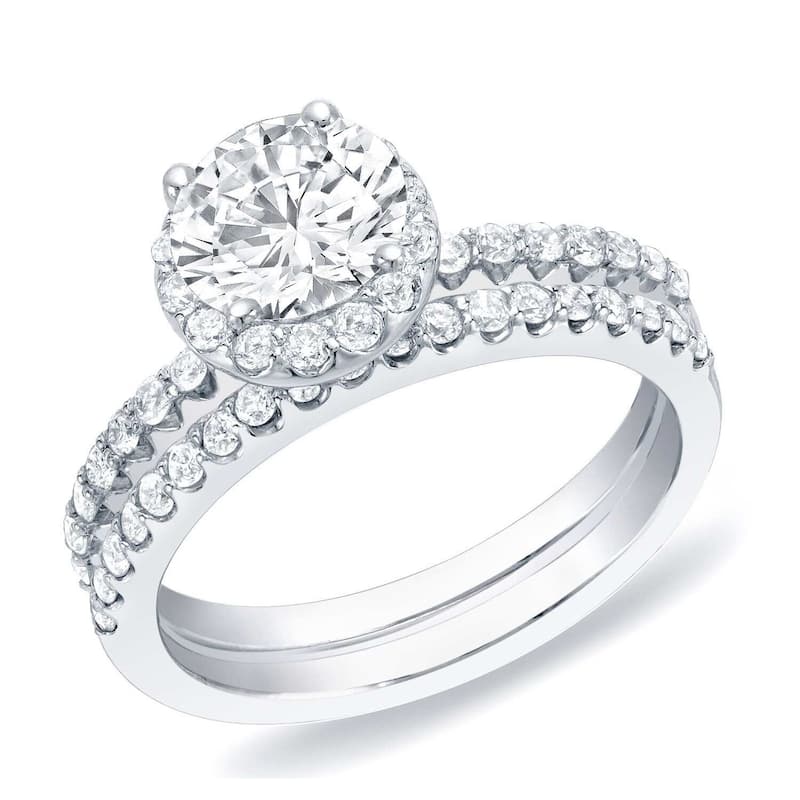 Auriya 14k Gold 1 1/4ctw Round Diamond Halo Engagement Ring Set - White - 4