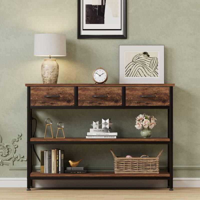 43.3" Console Table with 3 Fabric Drawers, Power Outlets & USB Ports
