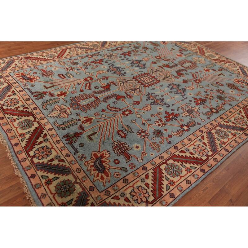 Light Blue Geometric Kazak Indian Area Rug Hand-Knotted Wool Carpet - 8'0"x 10'1"