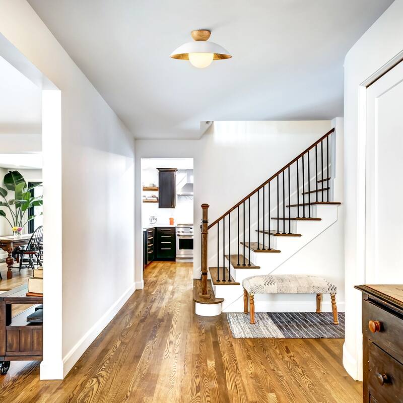 14.5 in. 1-Light Black/White Finish Wood Gold Leaf Dome Semi-Flush Mount Light with Opal Glass Globe