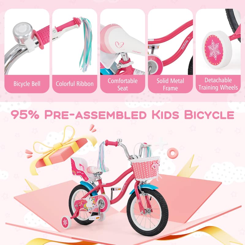 Girls Bike with Basket Doll Seat Training Wheels Ages 3 to 8