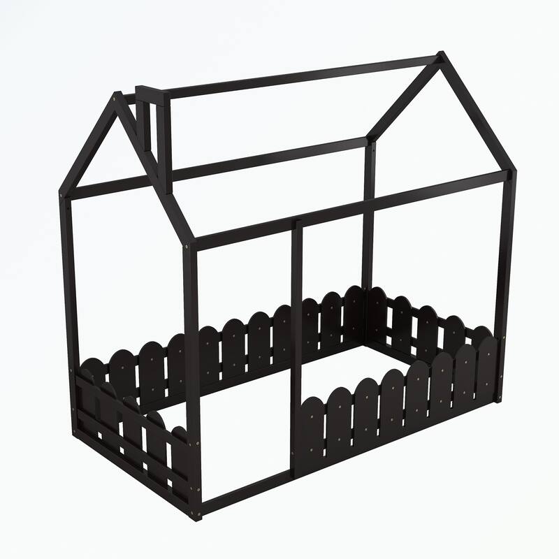 Twin Size Wood Bed House Bed Frame with Fence