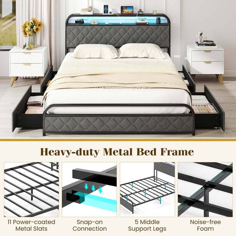 Costway Twin/Full/Queen Size Bed Frame with LED Lights & Charging
