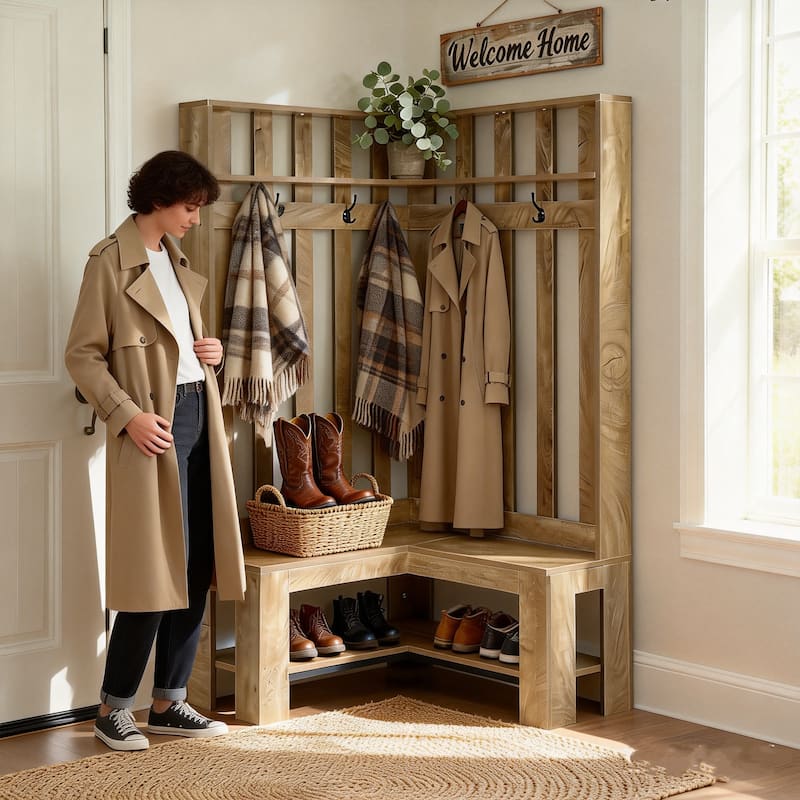 L-Shaped Entryway Hall Tree with Shoe Storage Shelf and 4 Hooks